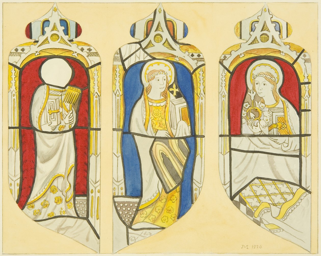 Tre figurer i östfönstrets norra korsarm av St Mary Redcliffe (akvarell på papper) av Joseph Manning