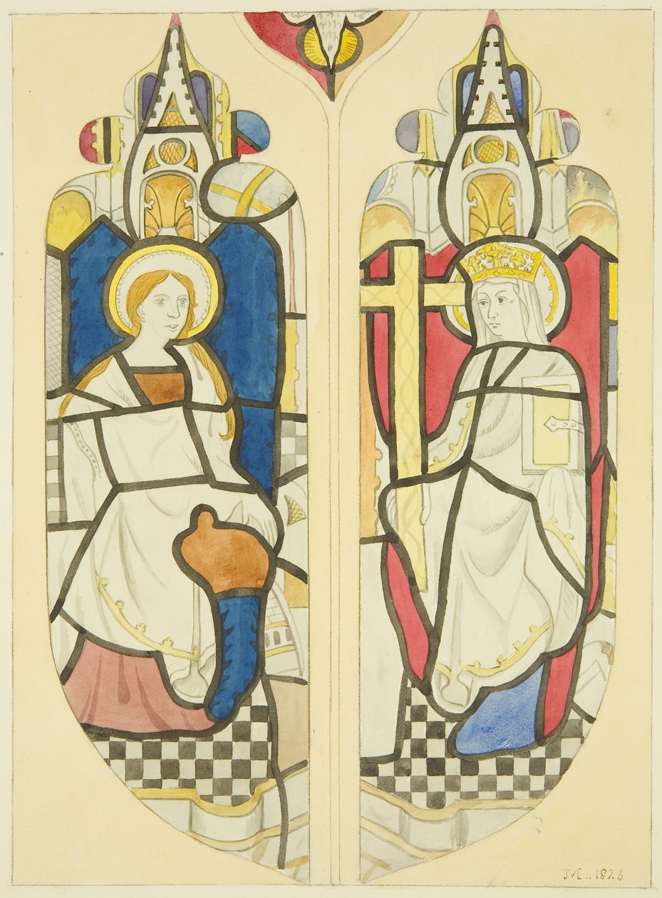 Två figurer i östfönstrets norra korsarm av St Mary Redcliffe (akvarell på papper) av Joseph Manning
