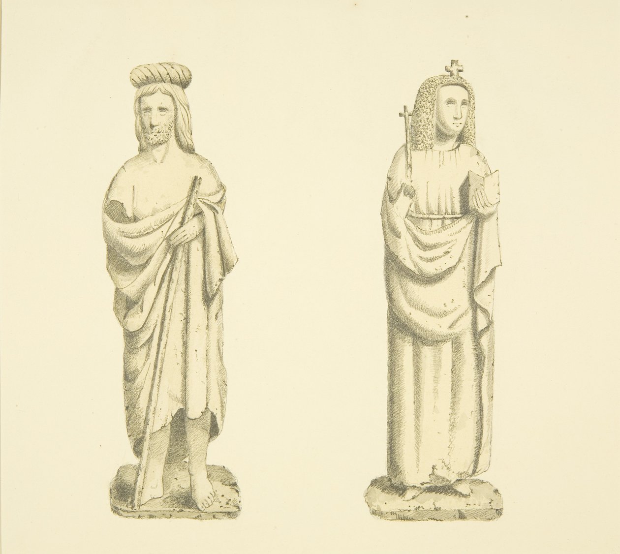 Två figurer i nischer av Tower of St Mary Redcliffe (akvarell på papper) av Joseph Manning
