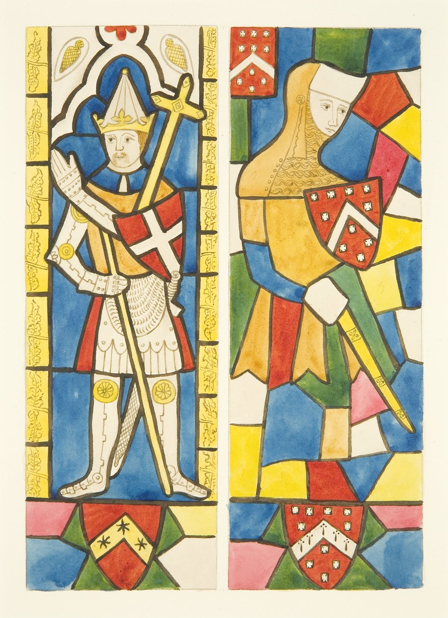 Två figurer i målade glasfönster av kor i Bristol Cathedral (akvarell på papper) av Joseph Manning