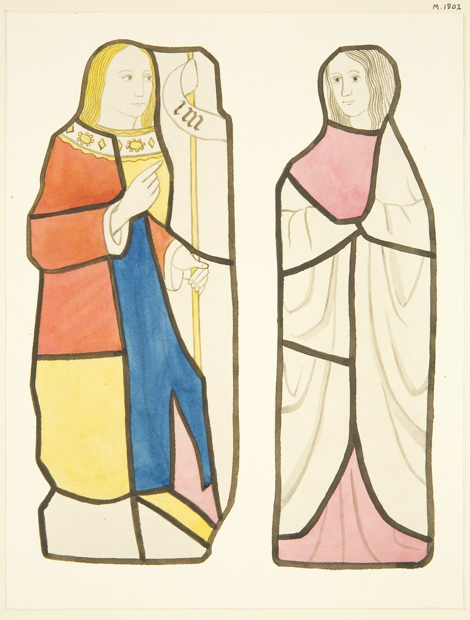 Två figurer i målade fönster söder om koret i Bristol Cathedral (akvarell på papper) av Joseph Manning
