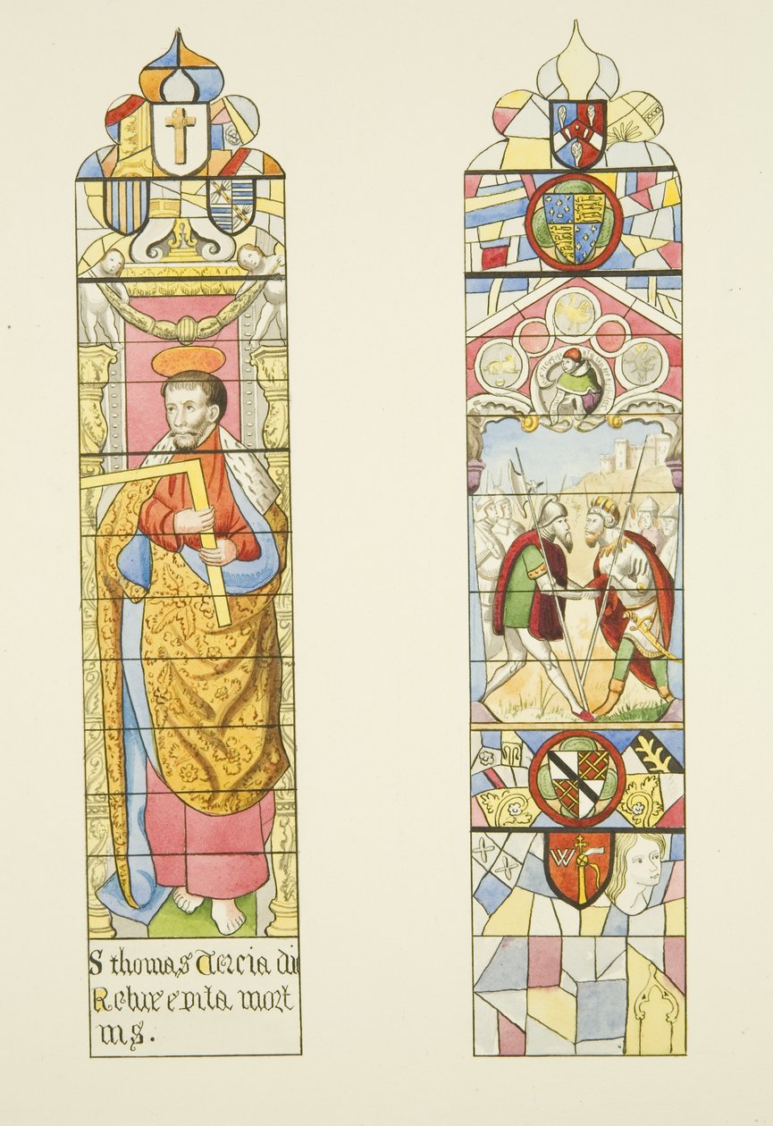 Två målat glasfönster som bildar altarfönstret i St. Markus, ett av St. Thomas (akvarell på papper) av Joseph Manning