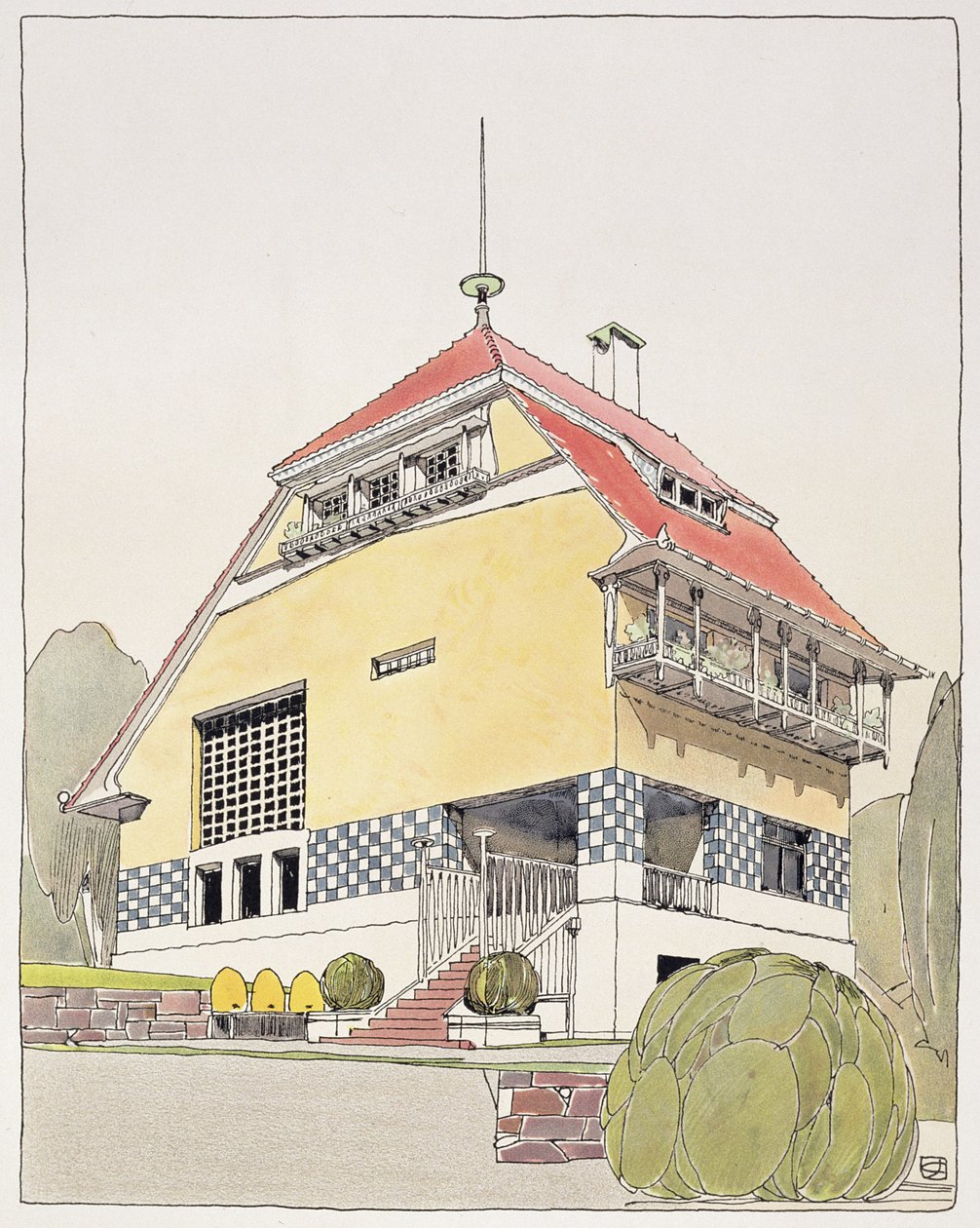 Studie för Olbrichs hus i Darmstadt, ur "Architektur von Olbrich", publicerad ca 1904-14 av Joseph Maria Olbrich