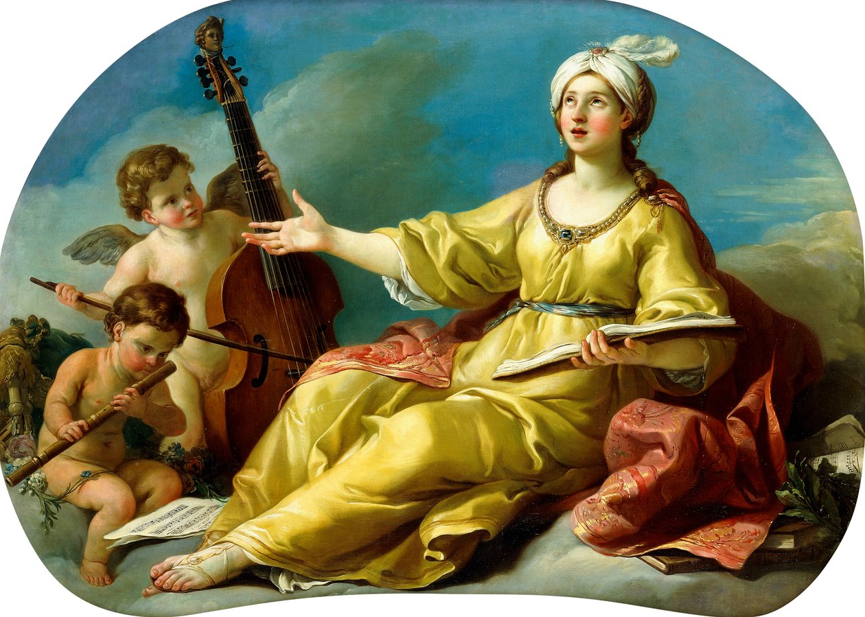 En personifiering av musik, sång med Putti som spelar en fiol och en flöjt, 1758 av Joseph Marie Vien