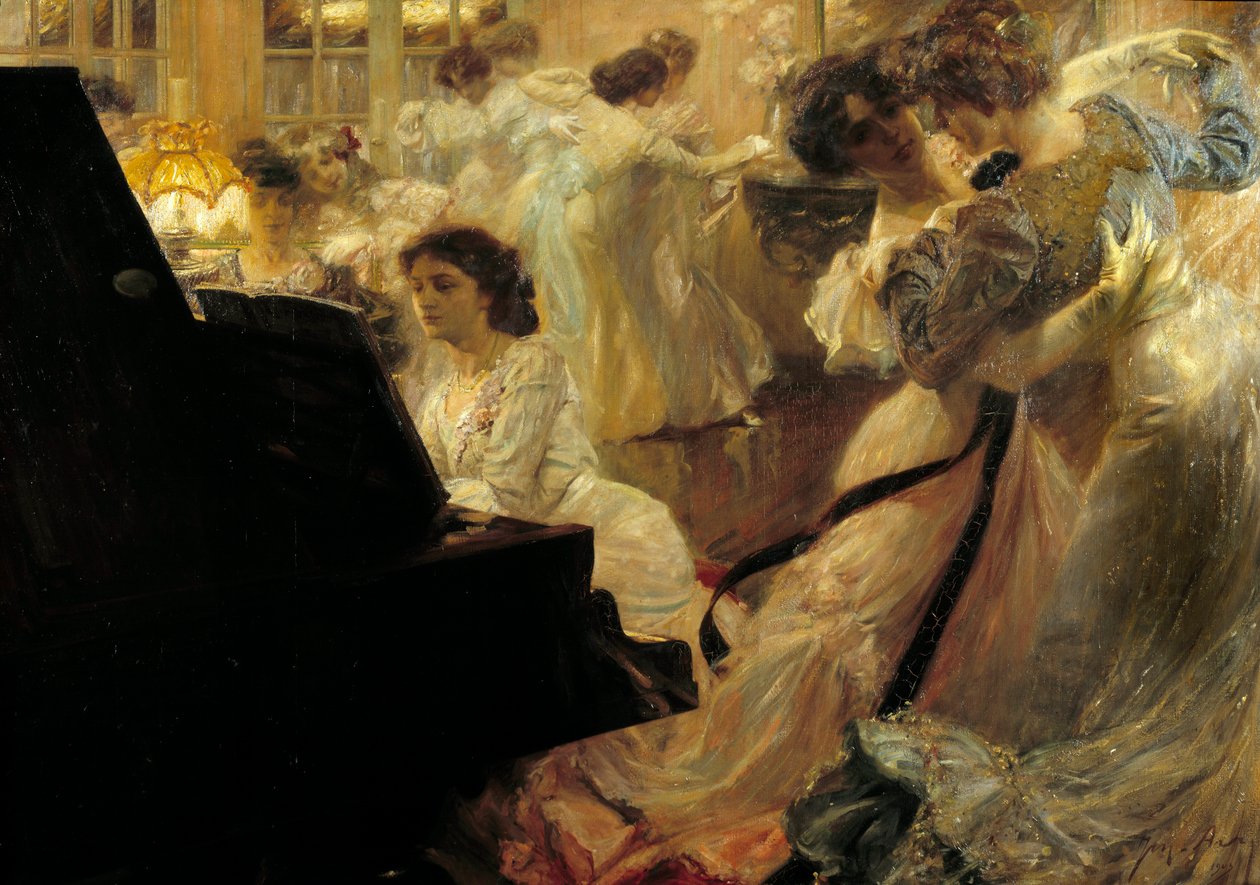 Belle epoque: "White Ball" Kväll med unga kvinnor i vitt dansande och pianospelande av Joseph Marius Avy (1871-1939) 1903 av Joseph Marius Avy