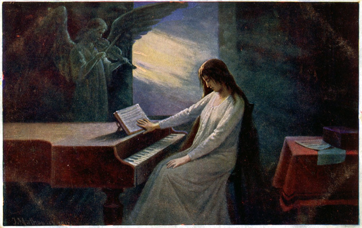 Musik. Sista ackordet. Döende dam vid pianot. Illustration av Josef Mathauser, Tjeckien, ca 1910 (vykort) av Joseph Mathauser
