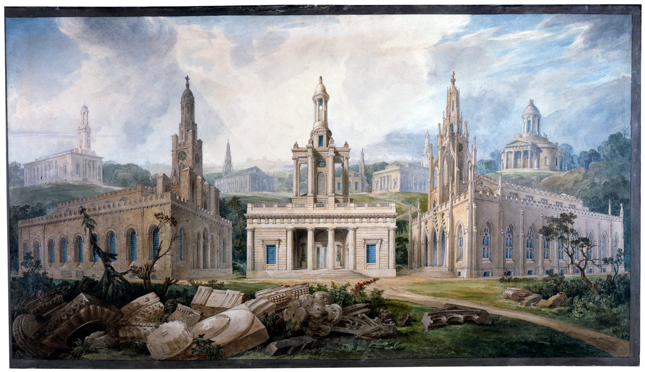 En grupp kyrkor, ritade av Sir J. Soane för att illustrera olika arkitekturstilar av Joseph Michael Gandy