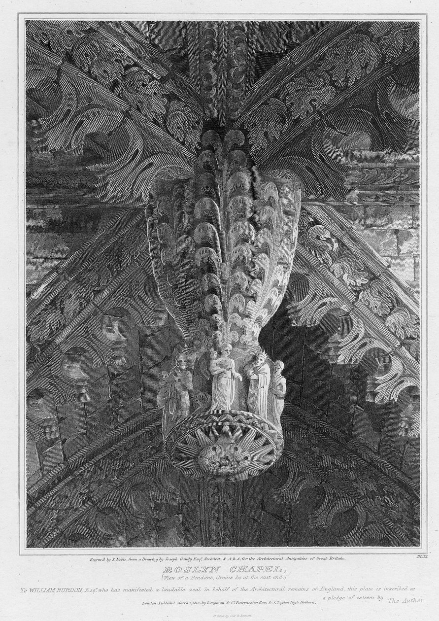Roslyn Chapel, vy av ett hänge och ljumskar i den östra änden, graverad av S. Noble, 1810 av Joseph Michael Gandy