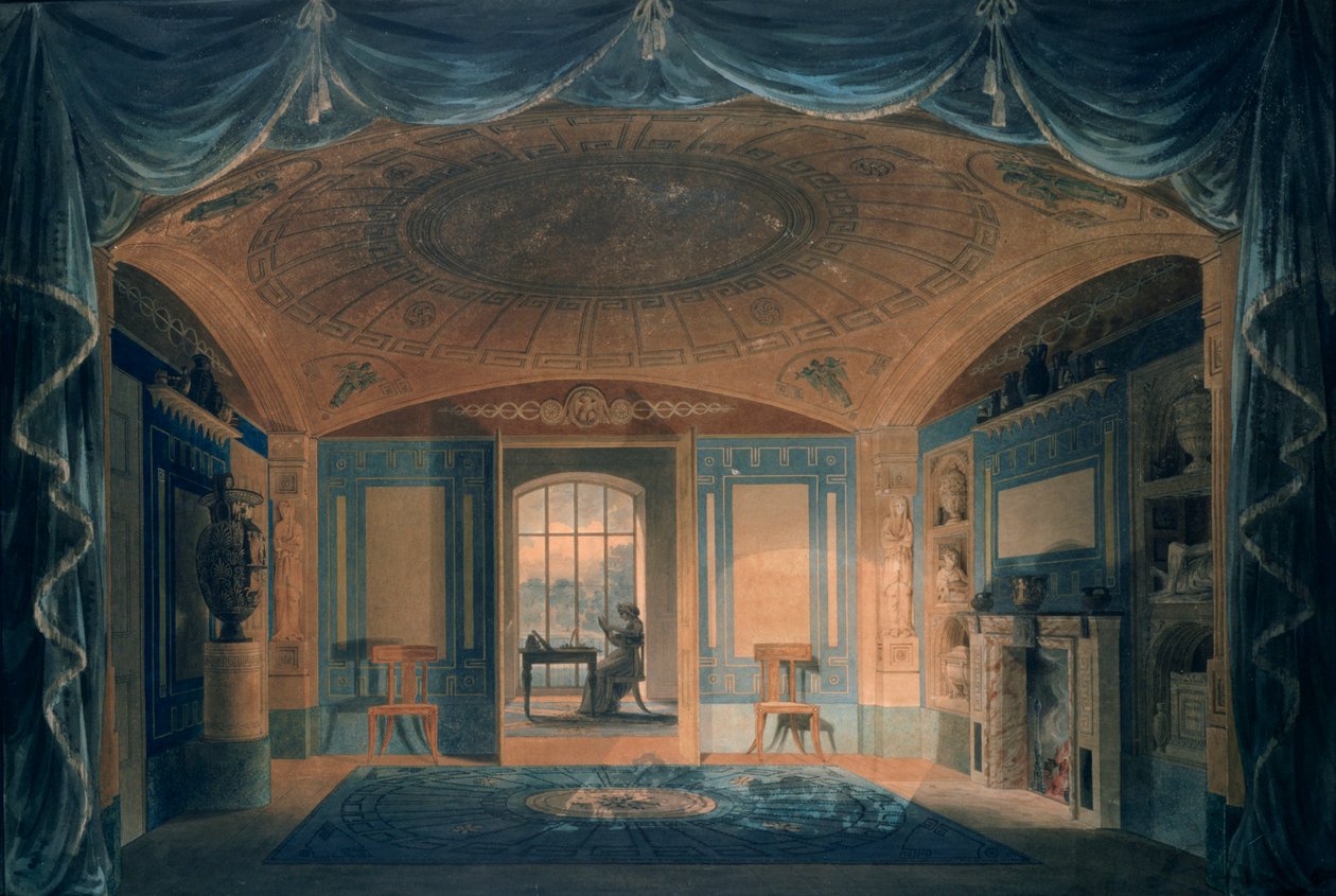 Frukostrummet, Pitzhanger Manor, 1802 (penna och bläck med wc på papper) av Joseph Michael Gandy
