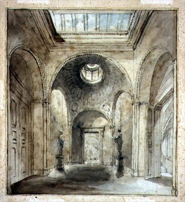 Förrummet till Sir Francis Chantreys skulpturgalleri på Belgrave Place 30, designat av Sir John Soane (1753-1837) (akvarell och blyertspenna på papper) av Joseph Michael Gandy