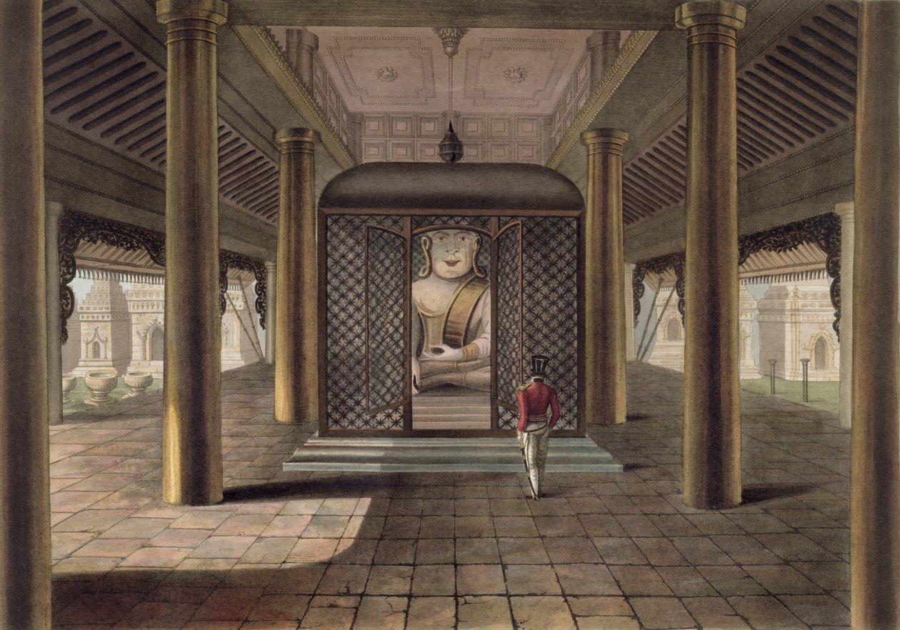 En soldat som står i ett Rangoon-tempel, graverad av George Hunt, 1825 (färgad akvatint) av Joseph Moore