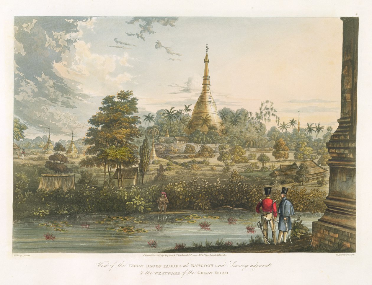 Utsikt över den stora Dagon-pagoden i Rangoon från väster, graverad av Henry Pyall (1795-1833) 1825-26 av Joseph Moore
