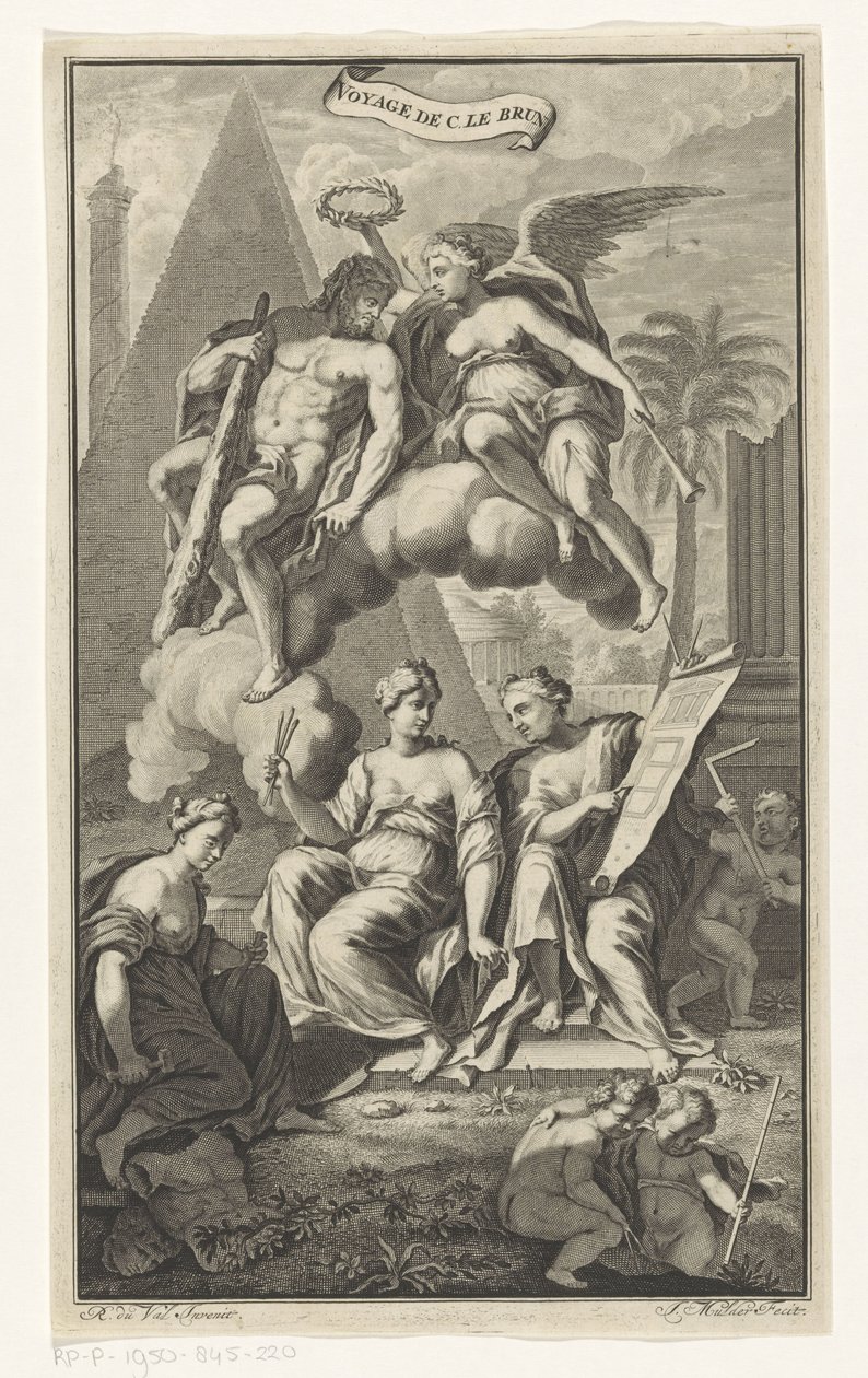 Hercules krönt av Victoria Voyage de C. le brun (titel på objekt) Titelsida för: Cornelis de Bruyn, Voyage au Levant, 1700 av Joseph Mulder