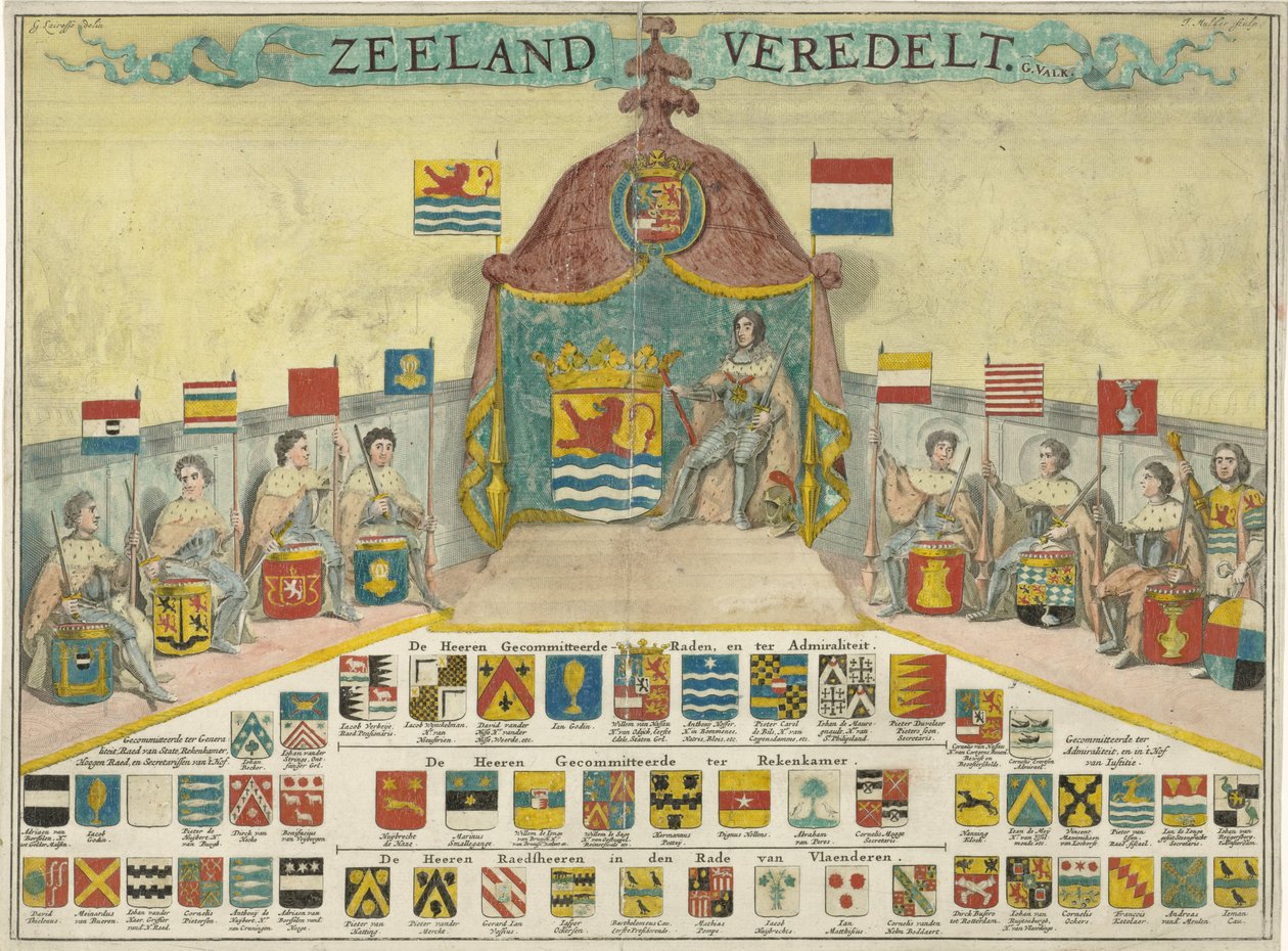 Vapen och namn på de engagerade råden i Zeeland och städerna i Zeeland Zeeland raser (titel på objekt) av Joseph Mulder