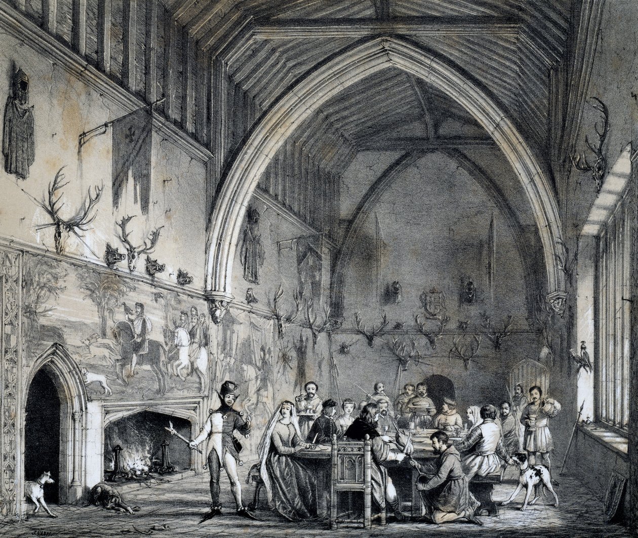 Hall på Moat House Ightham med bankett, Kent, gravyr från Mansions of England i gammal tid av Joseph Nash