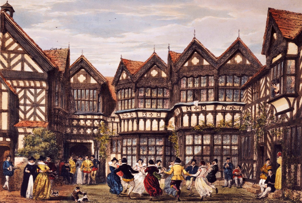 Little Moreton Hall, Cheshire, från "The Mansions of England in the Olden Time", 1839-40 av Joseph Nash