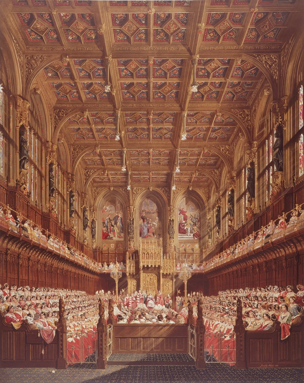 Drottning Victoria i House of Lords (färggravyr) av Joseph Nash