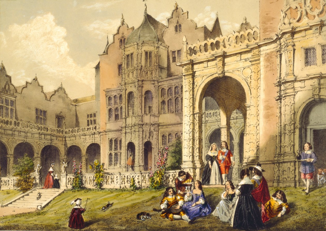 Tar förfriskningar på terrassens gräsmatta, Holland House, Kensington från "Architecture in the Middle Ages", 1838 av Joseph Nash