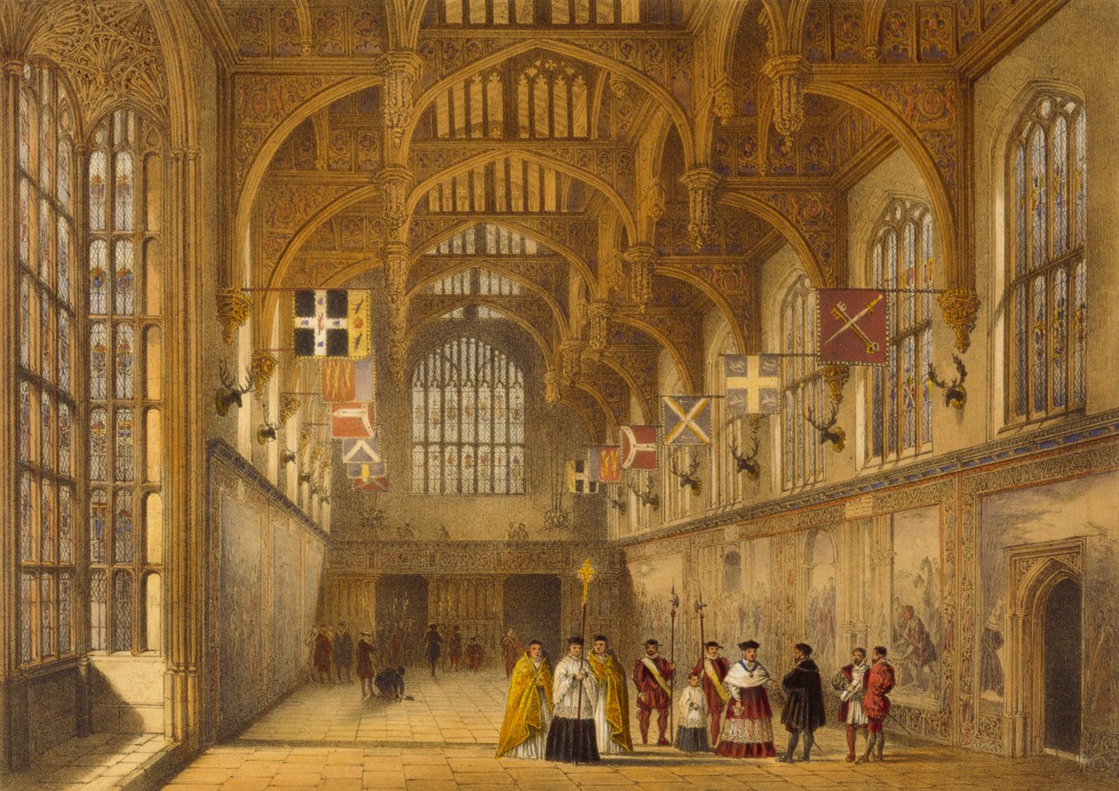 The Hall, Hampton Court, c.1600, från "Architecture of the Middle Ages", 1838 av Joseph Nash