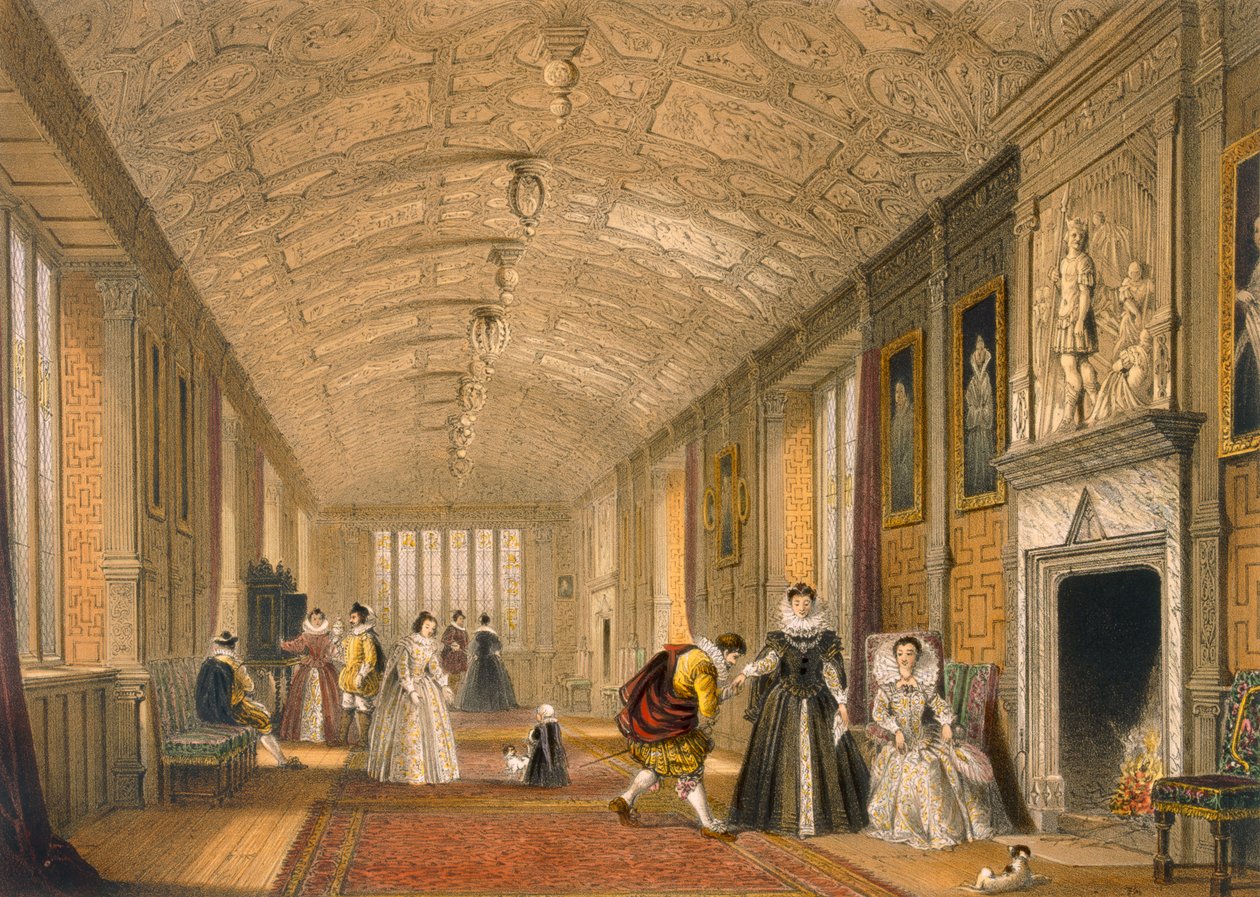 The Long Gallery at Lanhydrock, Cornwall, 1600, från Architecture of the Middle Ages, publicerad 1838 av Joseph Nash
