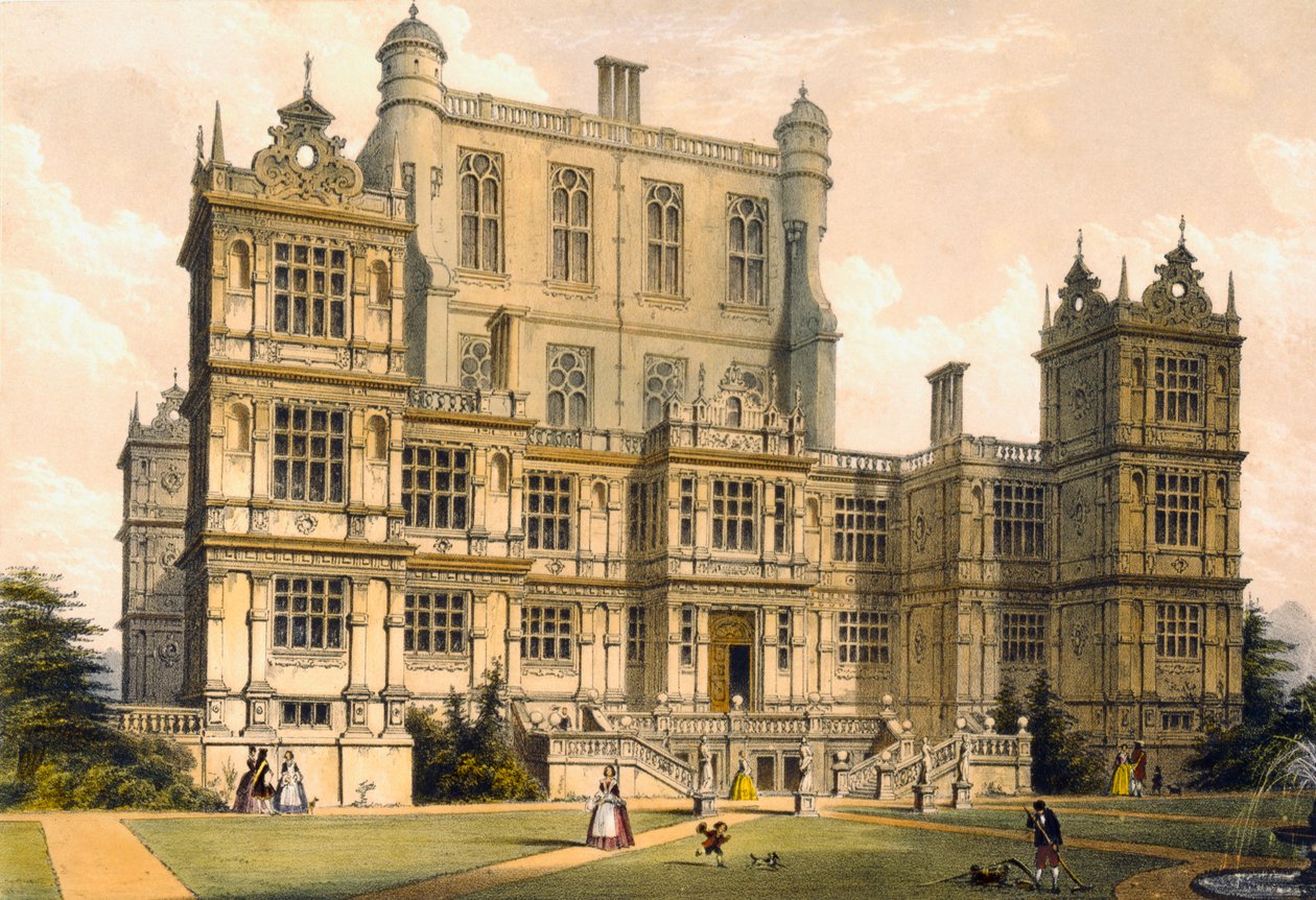 Wollaton Hall, Nottinghamshire, 1600, illustration från "Architecture of the Middle Ages", 1838 av Joseph Nash