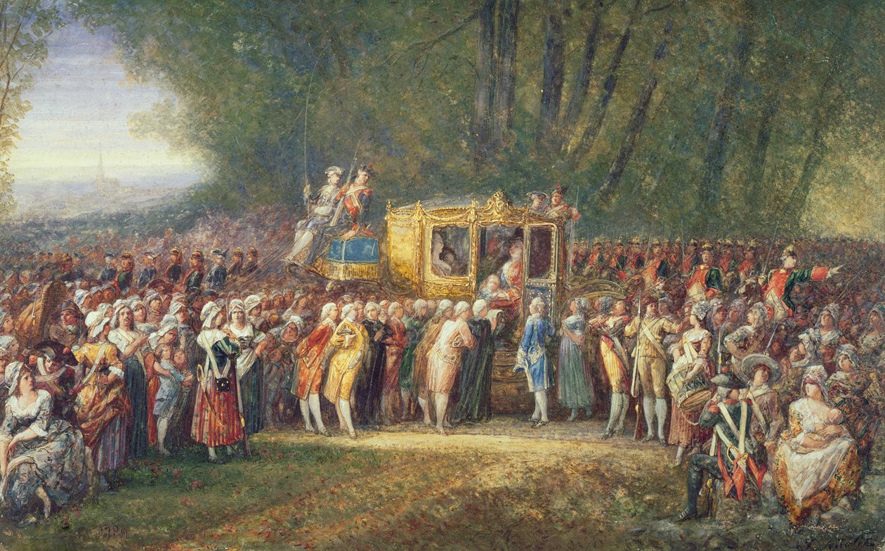 Kung Ludvig XVI fördes från Versailles till Paris av kvinnorna i Les Halles i oktober 1789 av Joseph Navlet