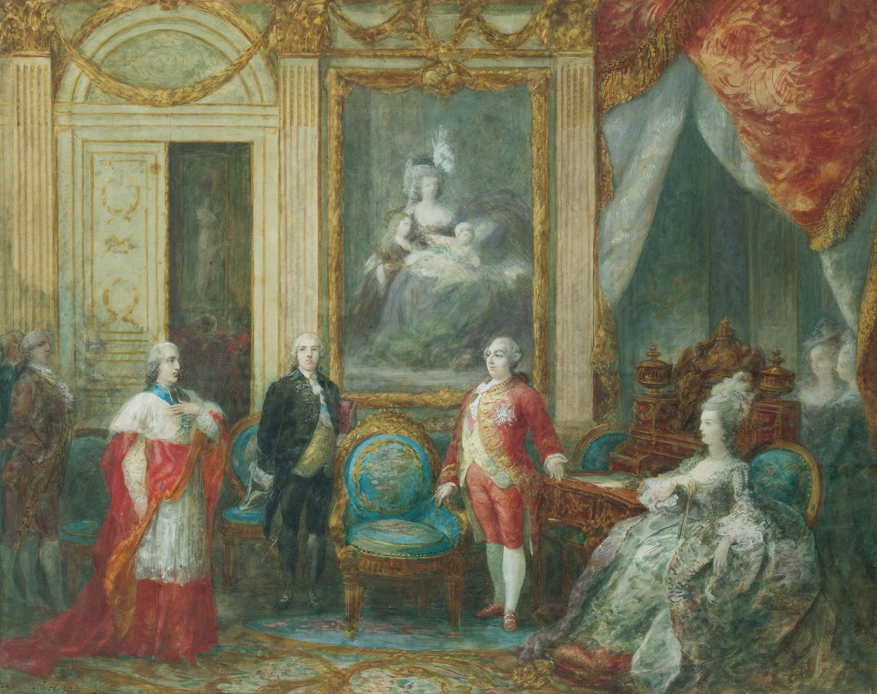 Ludvig XVI och hans fru Marie Antoinette tar emot en kardinal av Joseph Navlet
