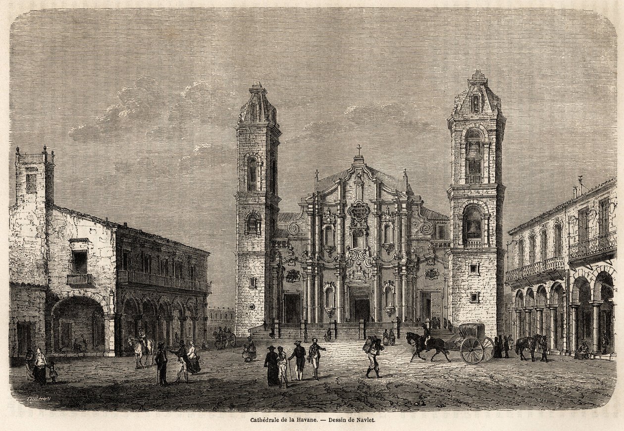 Katedralen i Havanna, Kuba, teckning av Navlet för att illustrera resan till ön Kuba, 1859, av Richard Dana (1815-1882). Gravyr i "" Le tour du monde, nouveau journal des voyages"" Paris av Joseph Navlet