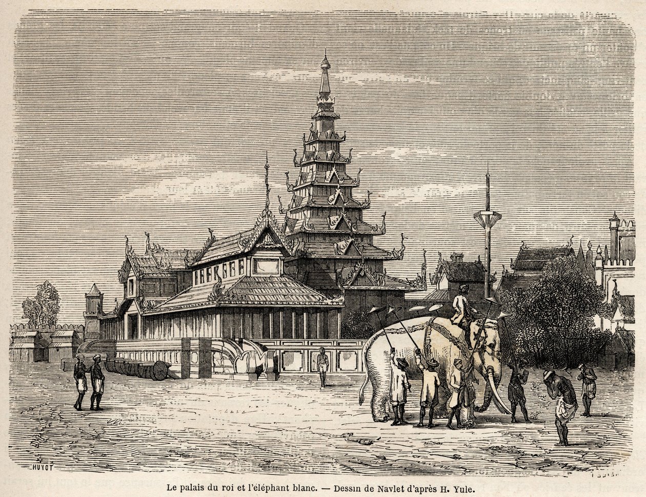 Palatset av kungen av Ava, i Amarapoura (nuvarande Burma), teckning av Navlet för att illustrera resan till kungariket Ava, 1855, av kapten Henri Yule av den bengaliska andens kropp. Gravyr i "" Le tour du monde, nouveau journal des voya av Joseph Navlet
