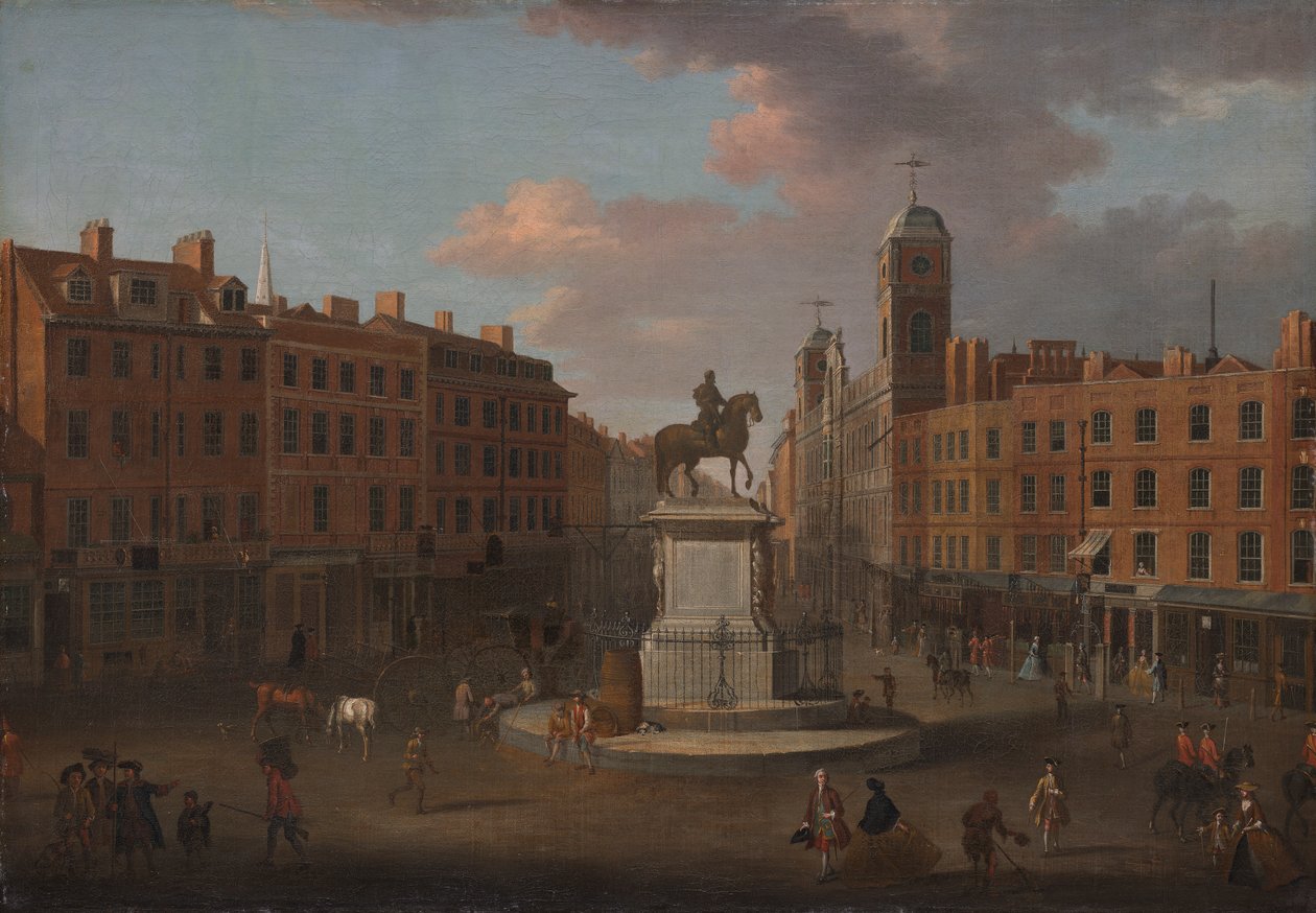 Charing Cross, med statyn av kung Charles I och Northumberland House av Joseph Nickolls