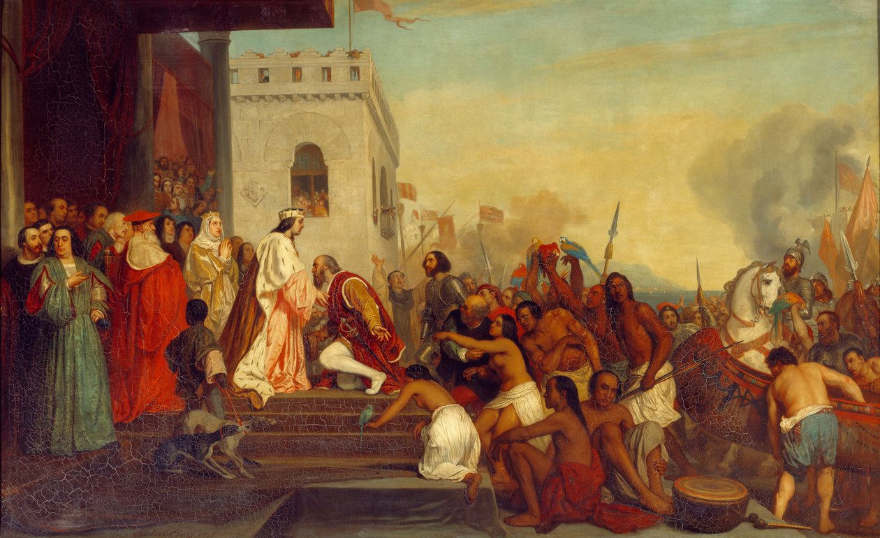 Mottagande av Christopher Columbus (1451-1506) av Spaniens kungar Ferdinand II av Aragonien och Isabella 1:a av Kastilien (kallad katolik) i Barcelona 1493. Upptäckaren återvänder med fångna indianer. Målning av Joseph Nicolas Robert Fleury (1797-1890 av Joseph Nicolas Robert Fleury