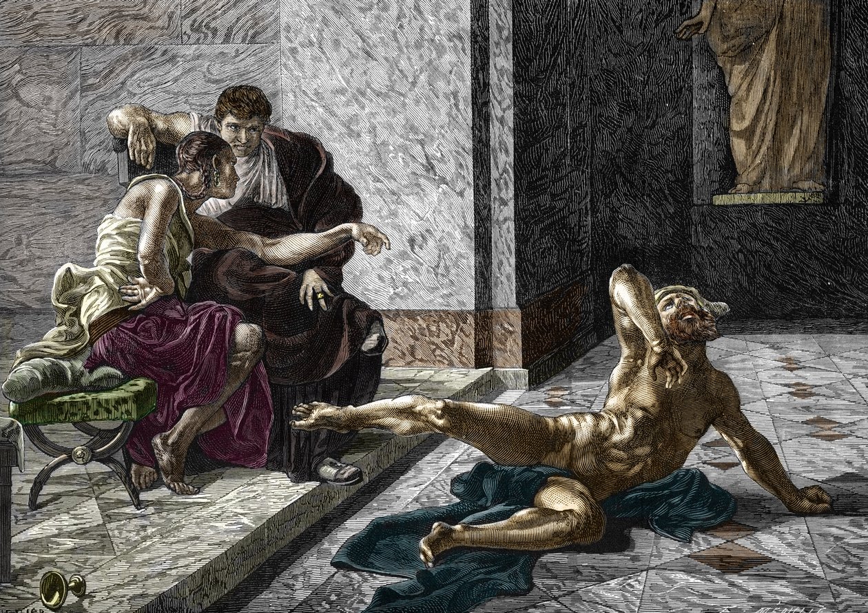 Representation av den romerska giftgräshoppan som försöker vid sidan av kejsar Nero (37-68) ett gift avsett för hans bror Britannicus (41-55) på en av hans slavar, 55 Gravyr efter en målning av Joseph-Noel Sylvestre (1847-1926) ) 1876 (romersk förgiftning  av Joseph Noel (after) Sylvestre