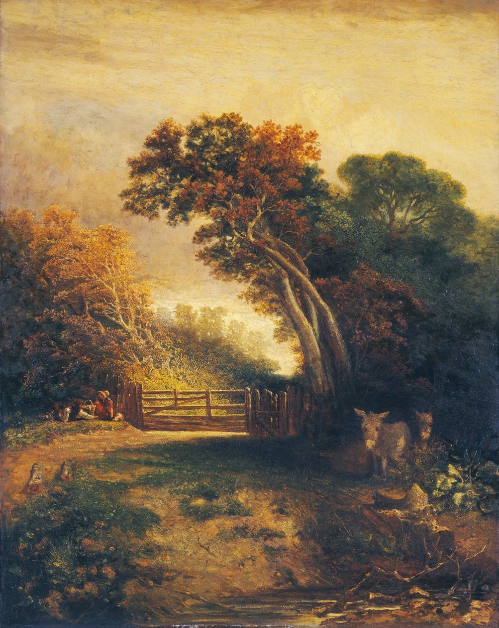 Landskap med picknickare och åsnor vid en grind av Joseph Paul