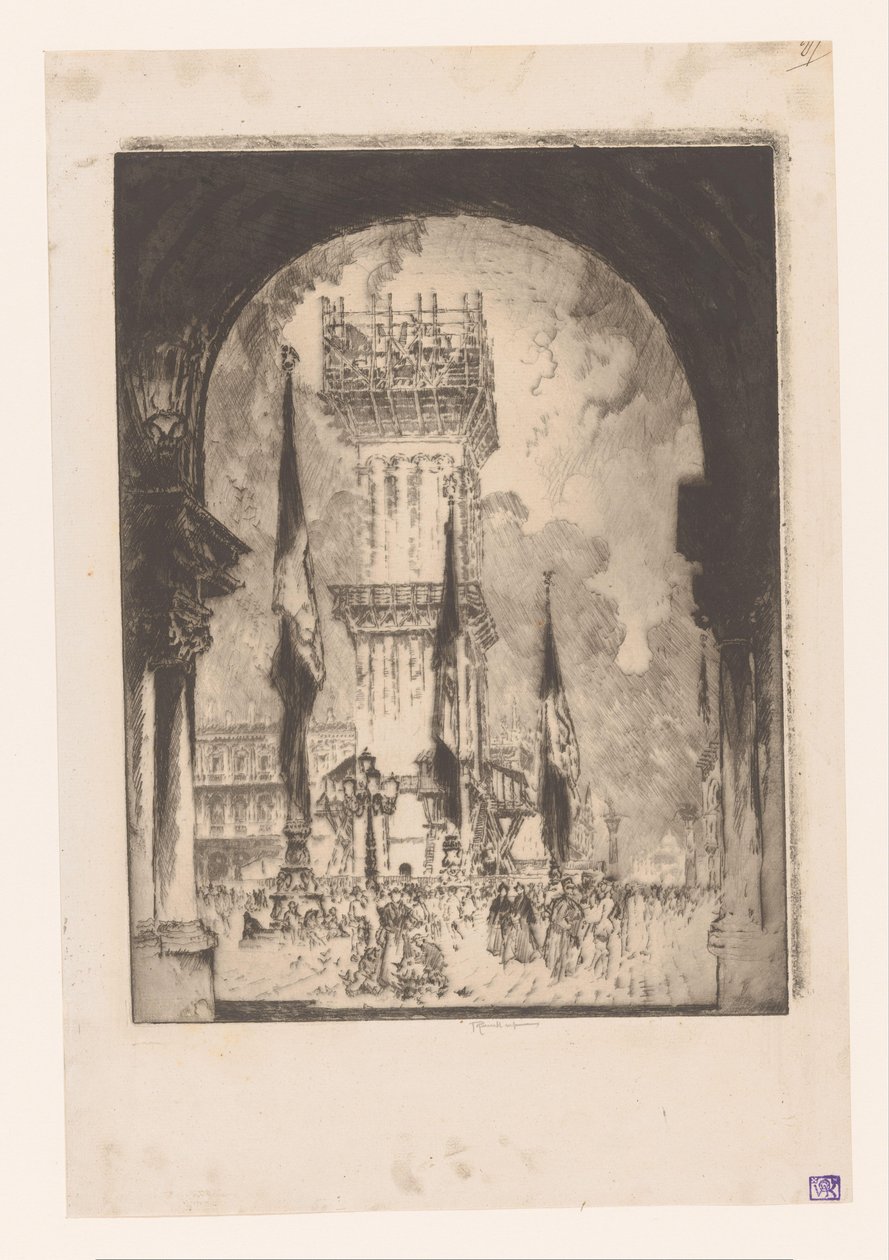 Campanile av Venedig i byggnadsställningar Återuppbyggnad av Campanile, nr. i av Joseph Pennell (signed by artist)