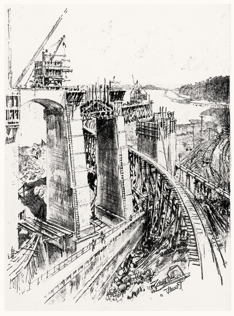 Approaches to the Gatun Lock, skylt VI från Panamakanalen av Joseph Pennell, 1912 (kol på papper) av Joseph Pennell