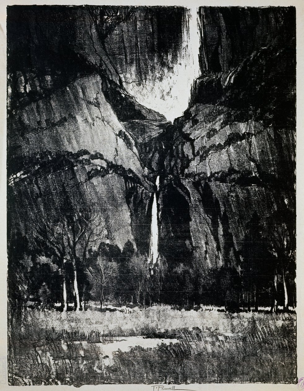 Vid foten av vattenfallet, av Joseph Pennell (1857-1926), gravyr av Joseph Pennell