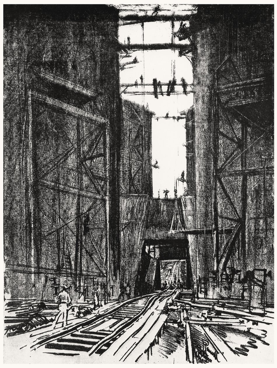 På botten av Gatun-slusset, plåt IV från Panamakanalen av Joseph Pennell, 1912 (kol på papper) av Joseph Pennell