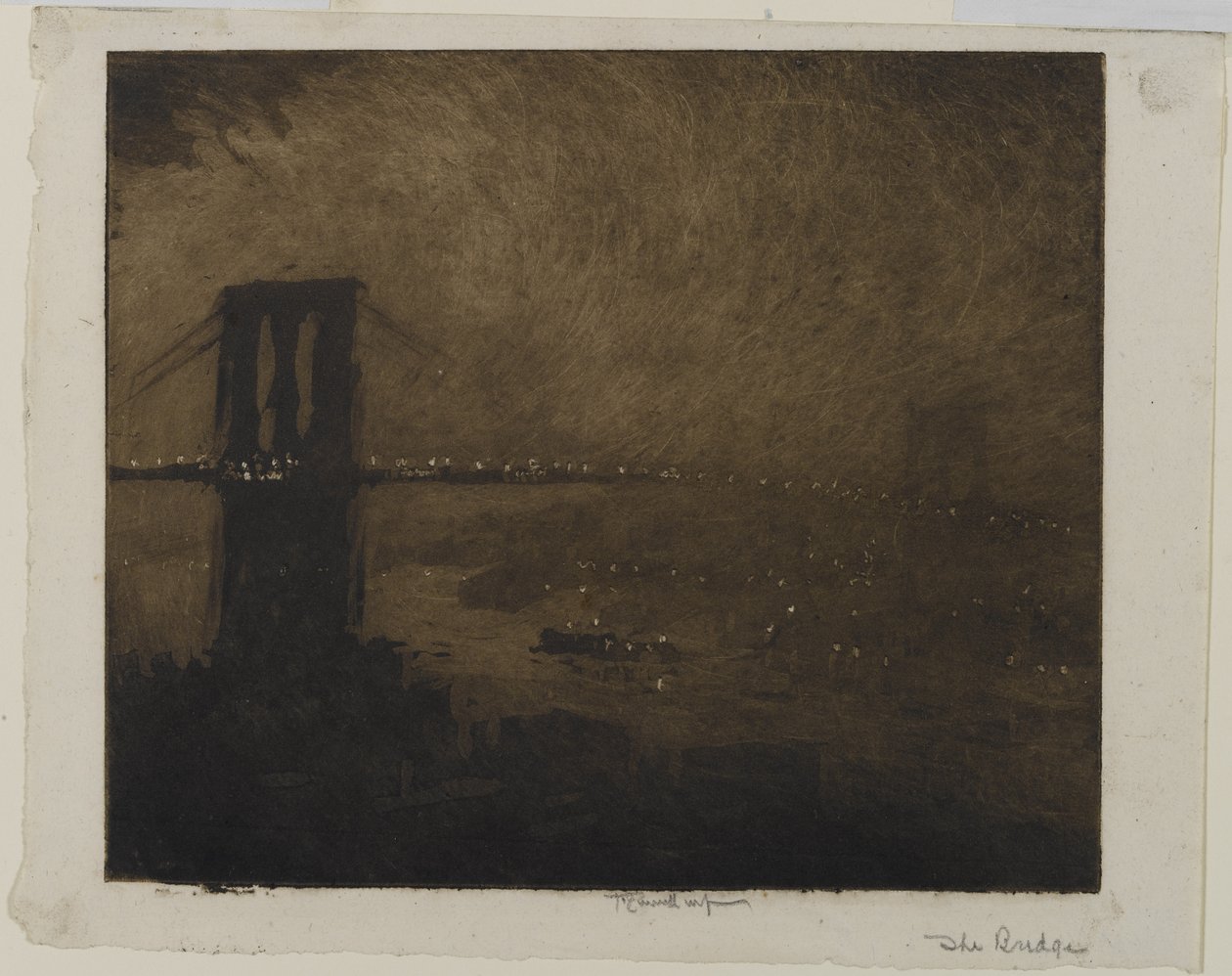 Brooklyn Bridge på natten, 1922 av Joseph Pennell