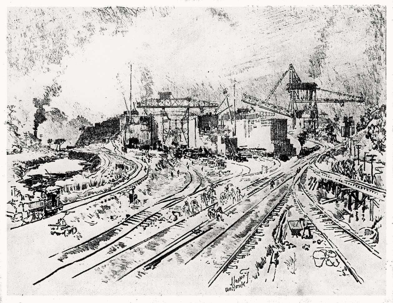 Building Miraflores Lock, skylt XXI från Panamakanalen av Joseph Pennell, 1912 (kol på papper) av Joseph Pennell