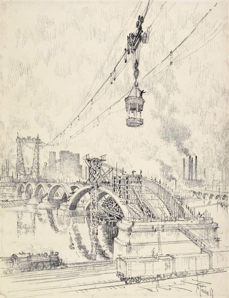 Bygger bron, Minneapolis, 1915 av Joseph Pennell