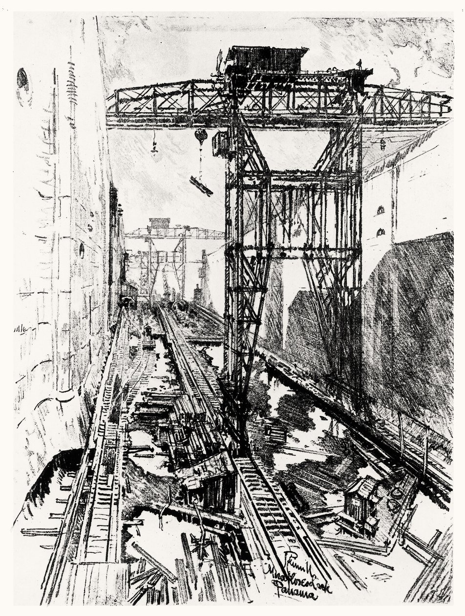 Cranes at the Miraflores Lock, skylt XXII från Panamakanalen av Joseph Pennell, 1912 (kol på papper) av Joseph Pennell