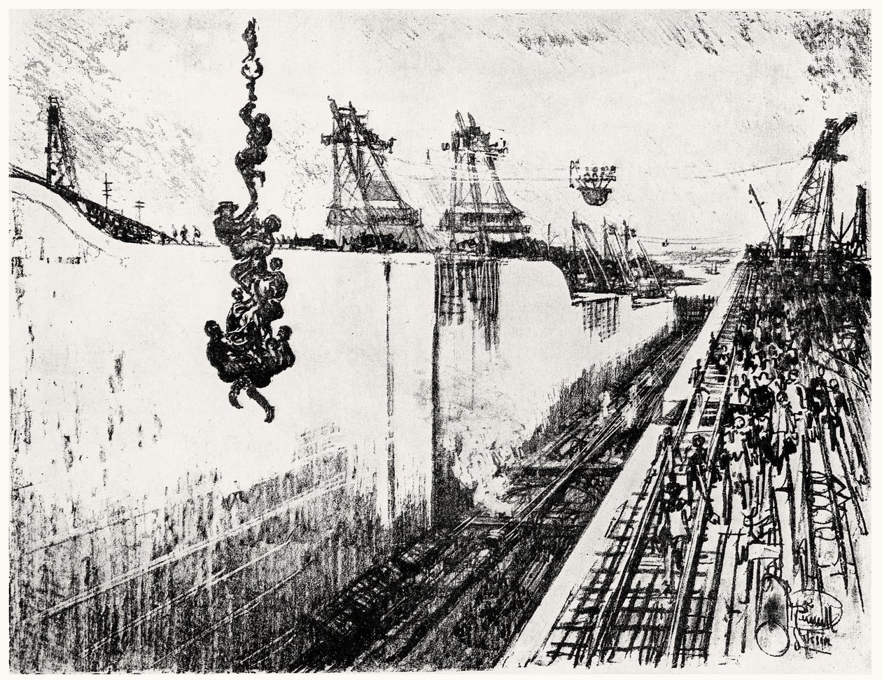 Dinner Time at Gatun, tallrik III från Panamakanalen av Joseph Pennell, 1912 (kol på papper) av Joseph Pennell