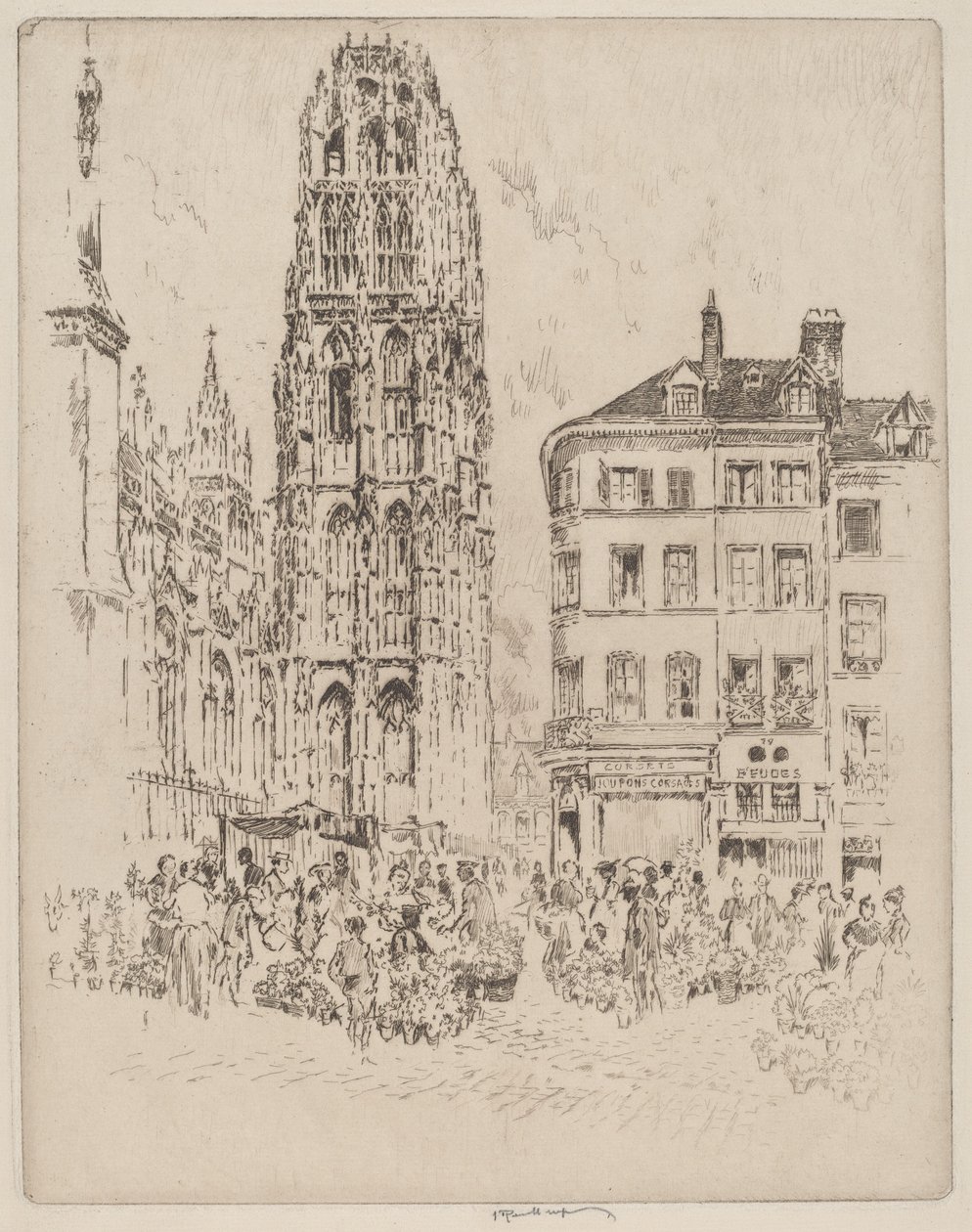 Blomstermarknad och smörtorn, Rouen av Joseph Pennell