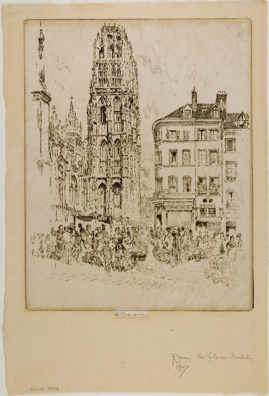Blomstermarknad och smörtorn, Rouen av Joseph Pennell