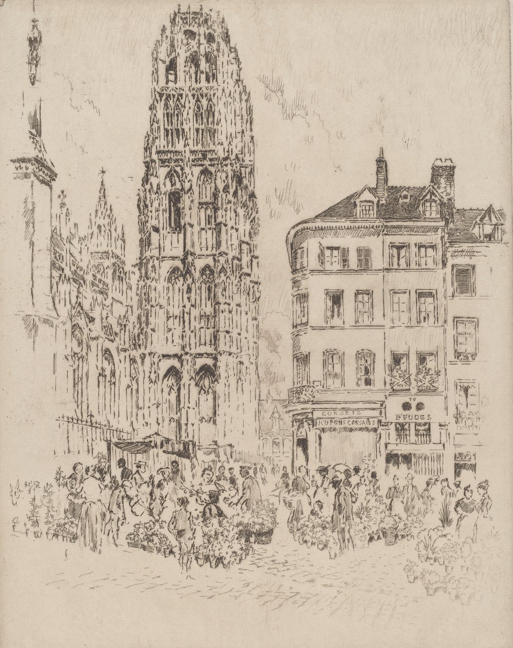 Blomstermarknad och smörtorn, Rouen, 1907. av Joseph Pennell