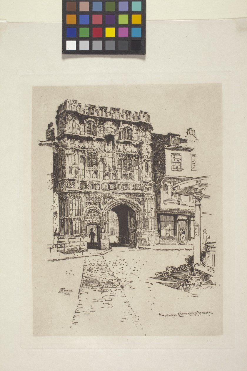 Gateway, Canterbury Cathedral (etsning på indisk papper, chine collé) av Joseph Pennell