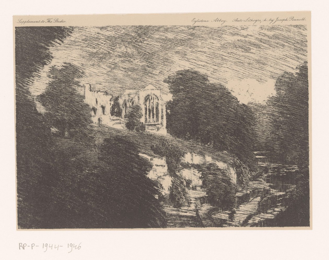 Vy över Egglestone Abbey, sett från utslagsplatserna Eglistone Abbey (titel på objekt) av Joseph Pennell