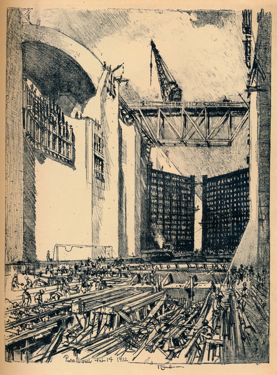 Att lägga golvet för Pedro Miguel Lock, 1912 av Joseph Pennell