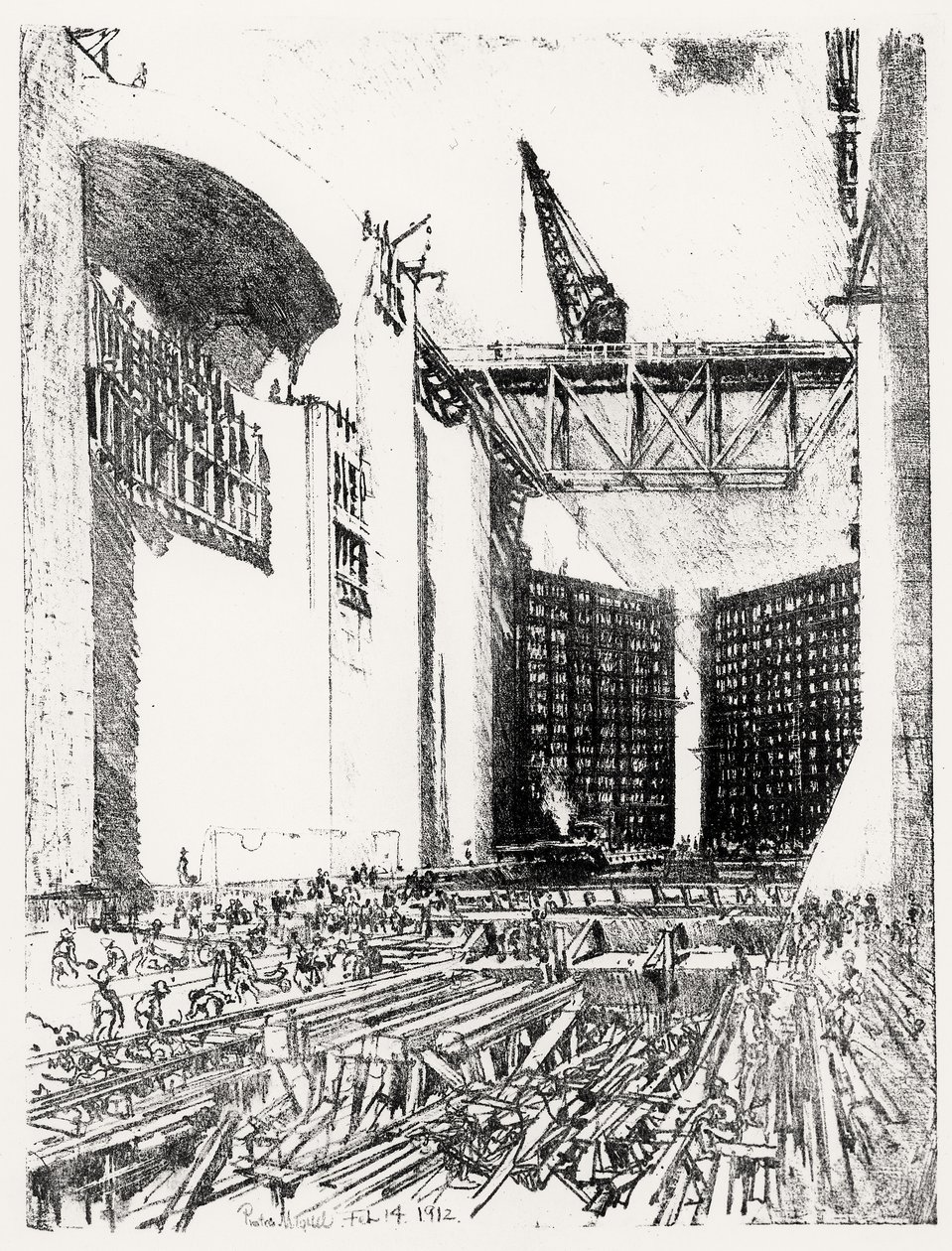 Att lägga golvet: Pedro Miguel Lock, skylt XVIII från Panamakanalen av Joseph Pennell, 14 februari 1912 (kol) av Joseph Pennell