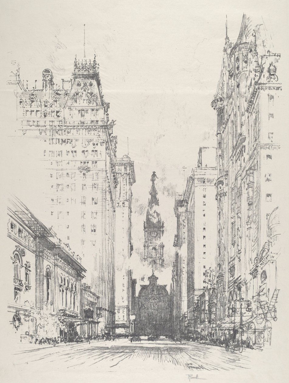 Vy uppför Broad Street från Spruce Street av Joseph Pennell